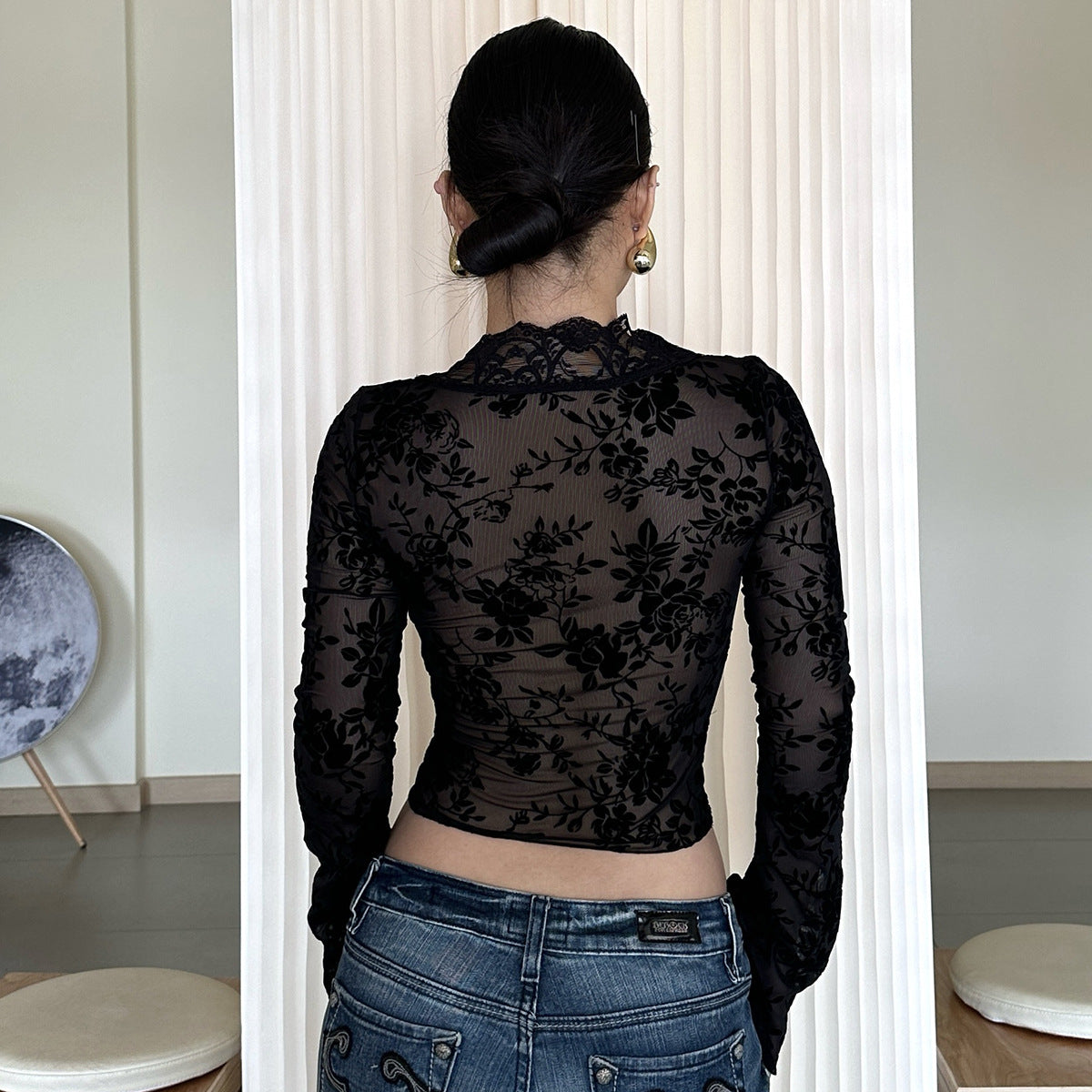 Summer New Fashion Printed Sexy Mesh Lace Cardigan T-Shirt