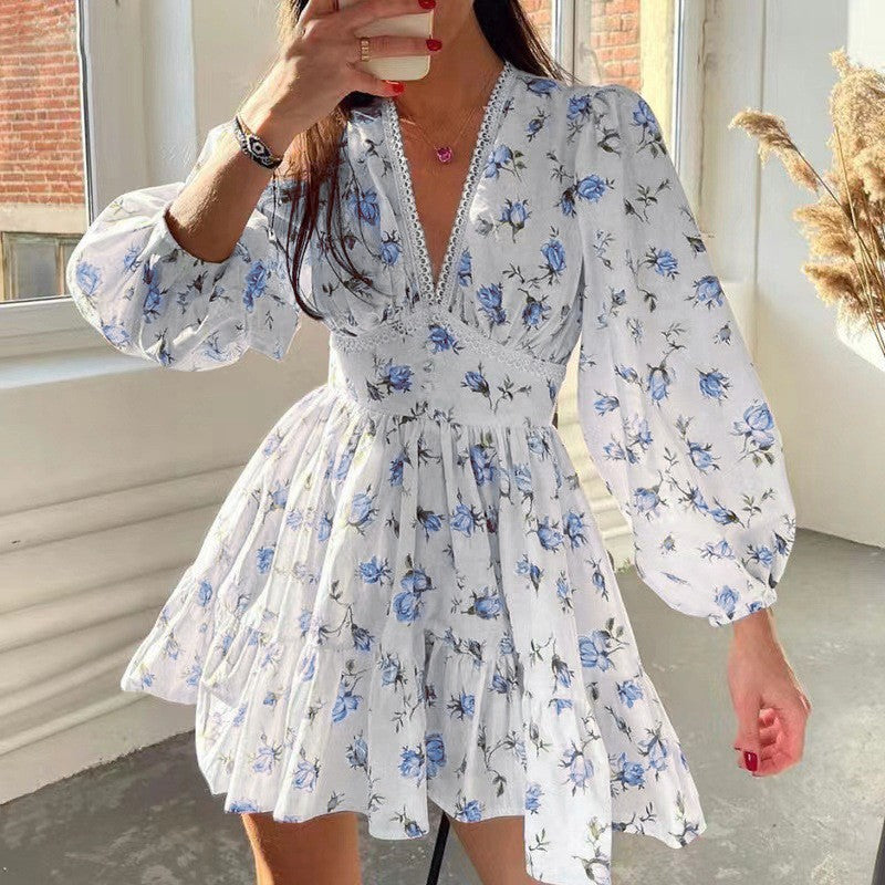 Sweet Printed V-neck Lace Waist Trimming Short Dress