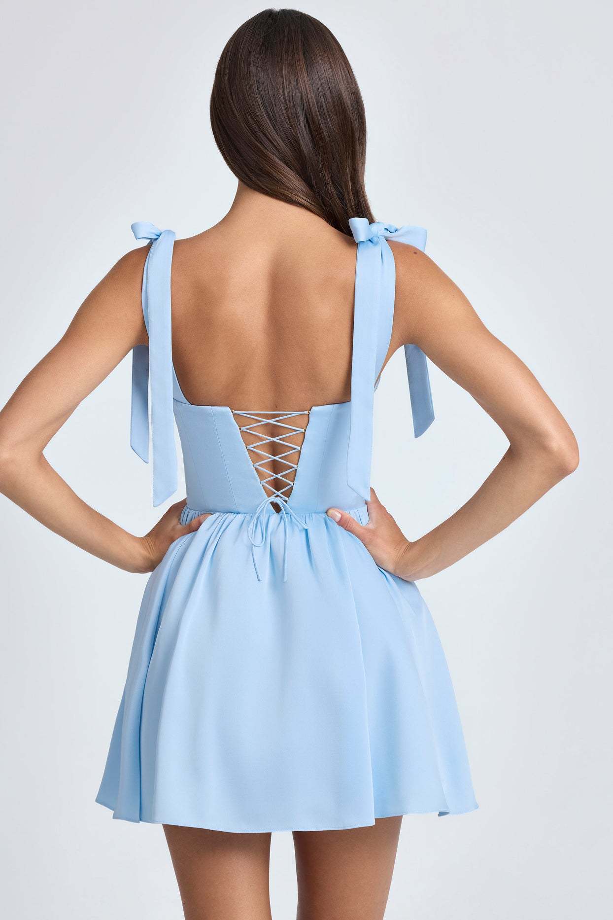 Square Neck High Waist Pleated Patchwork Tie Strap Puff Dress