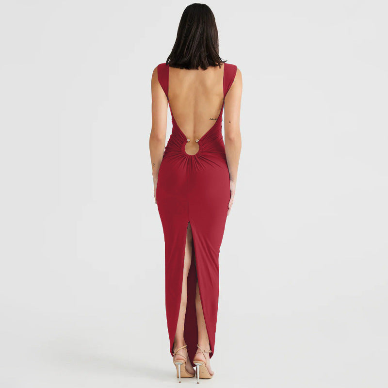 Sexy V Neck Open Back Split Slim Dress