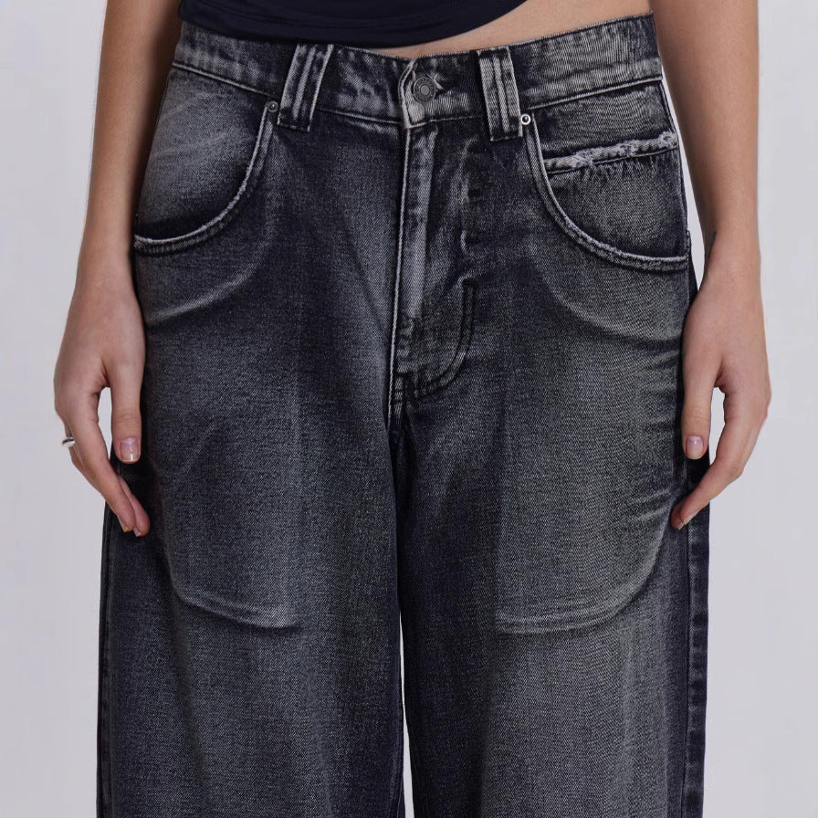 Washed Vintage Gradient Wing Print Retro Wide-Leg Jeans