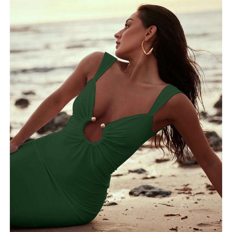 Sexy V Neck Open Back Split Slim Dress
