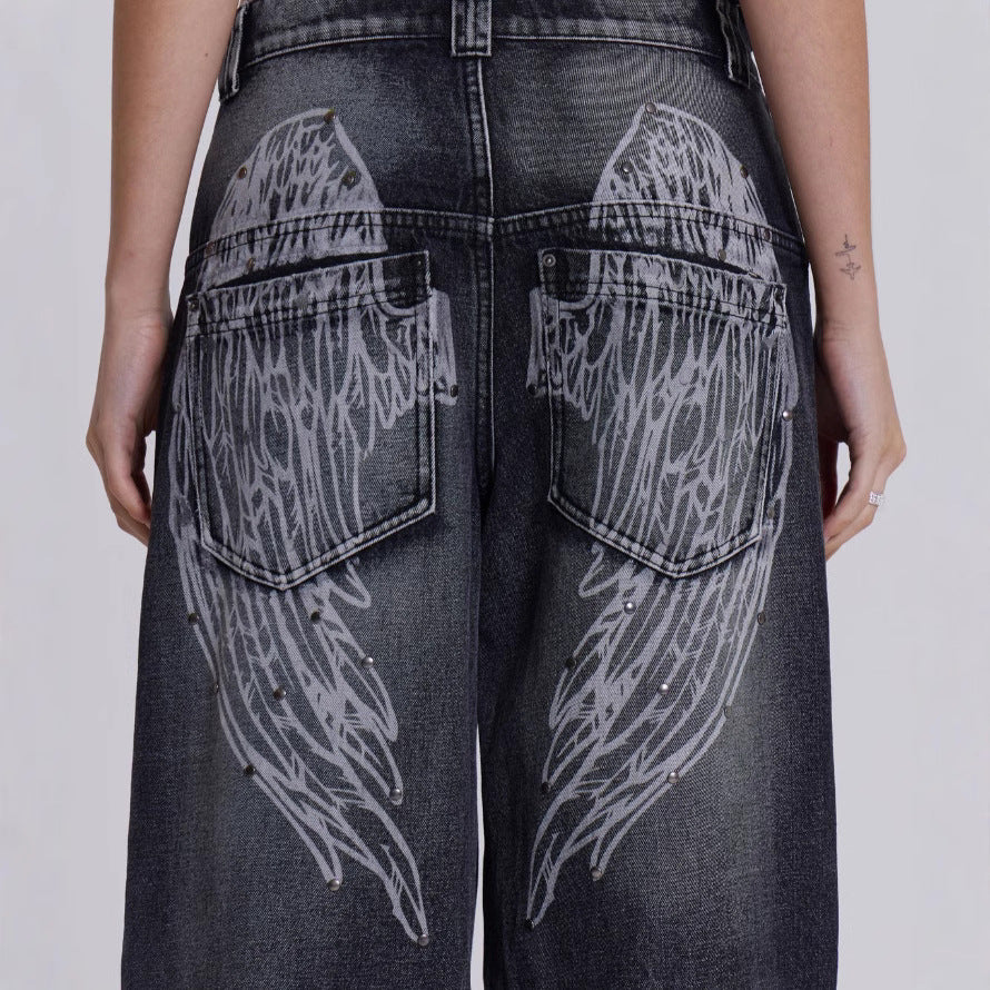 Washed Vintage Gradient Wing Print Retro Wide-Leg Jeans