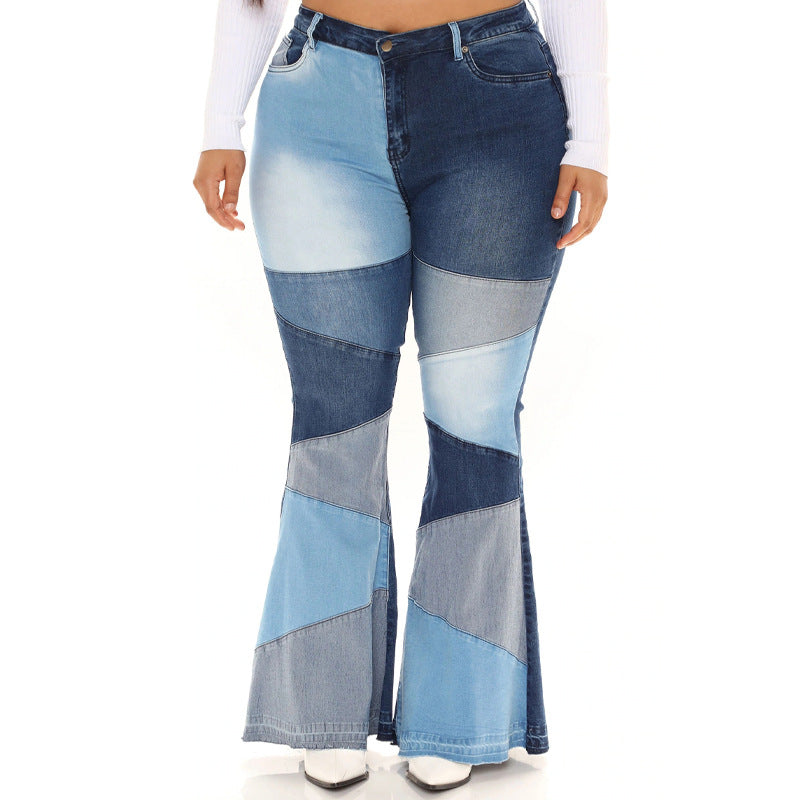 Stretchy Wide-Leg Patchwork Jeans
