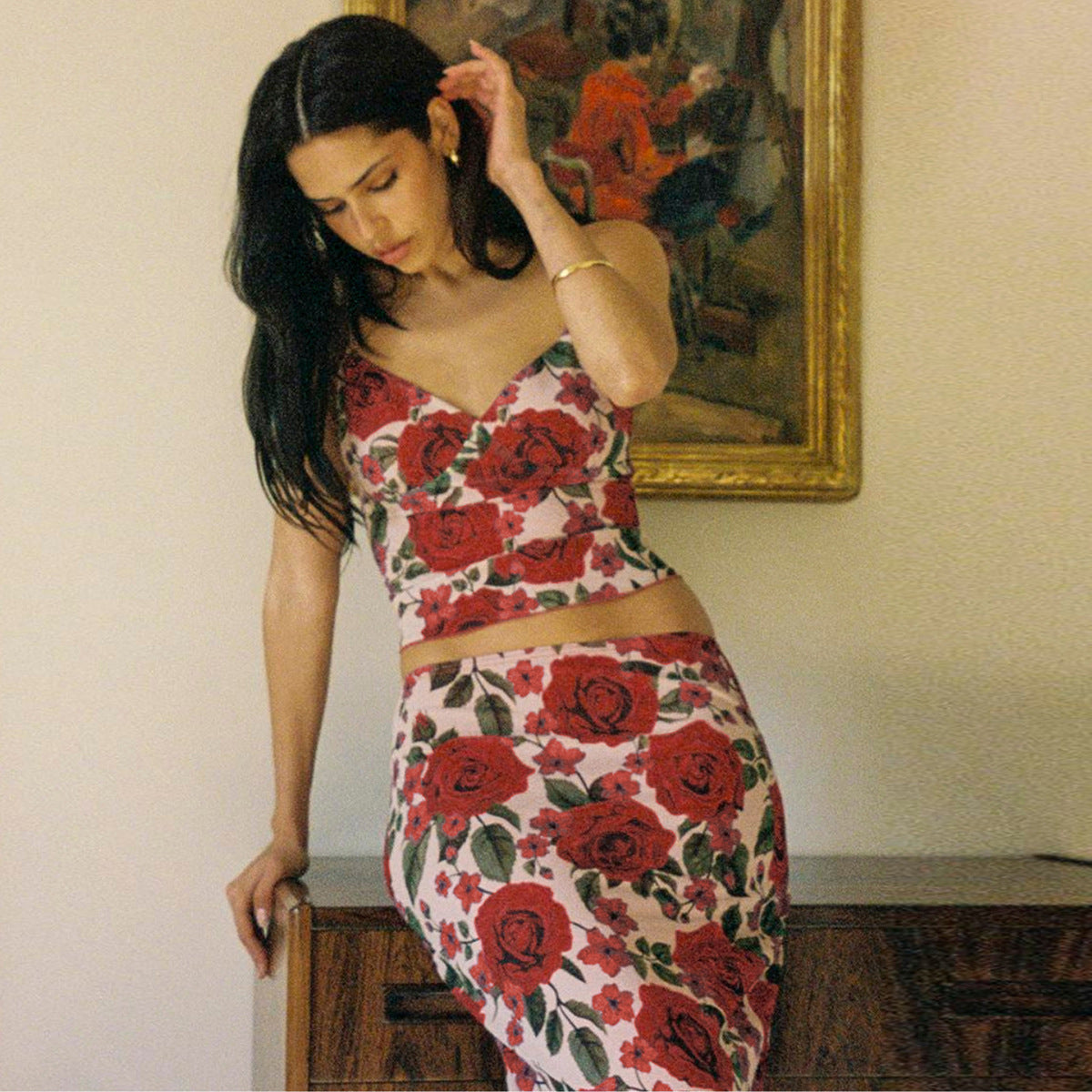 Floral Print V-neck Camisole Bodycon Long Dress Set