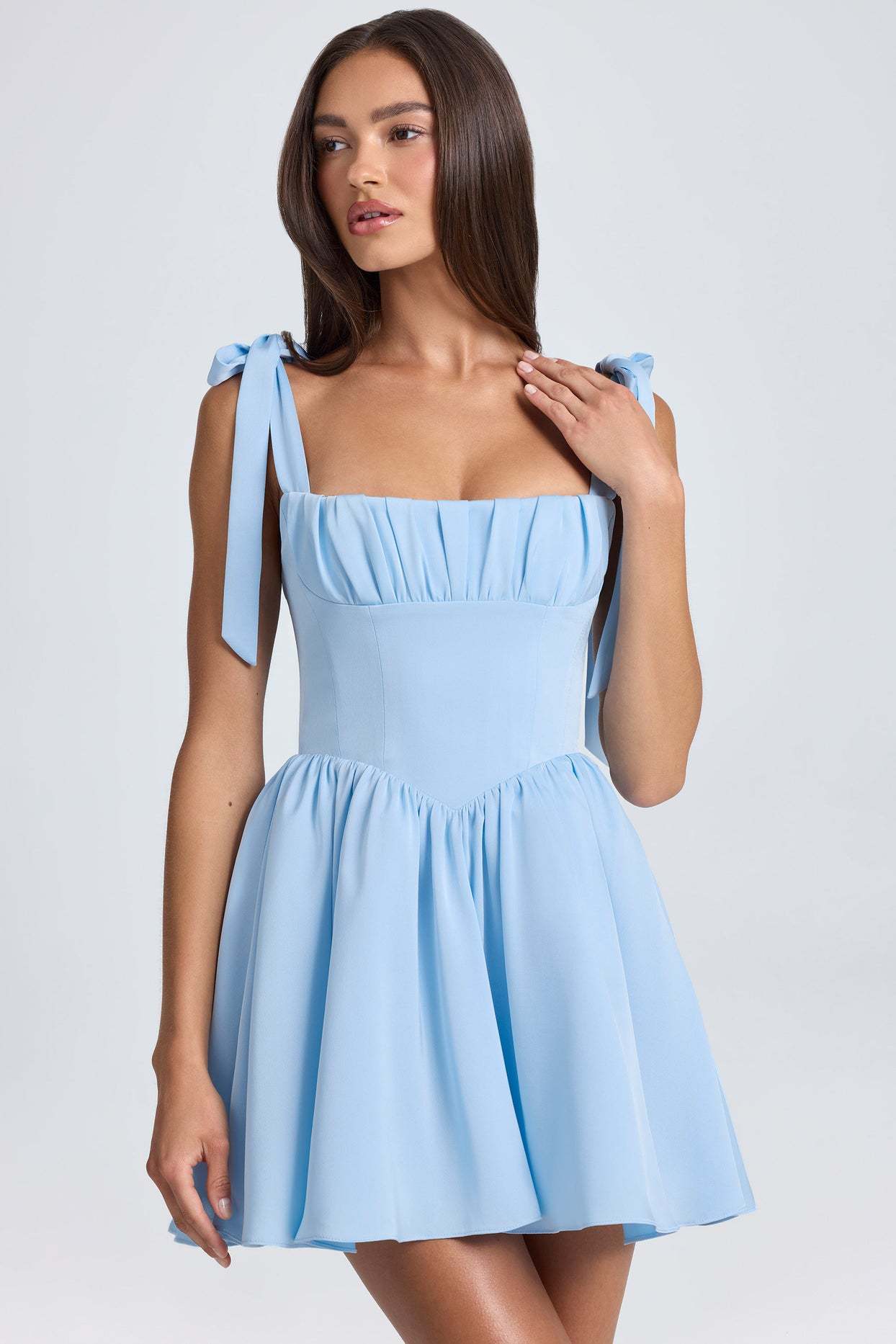 Square Neck High Waist Pleated Patchwork Tie Strap Puff Dress
