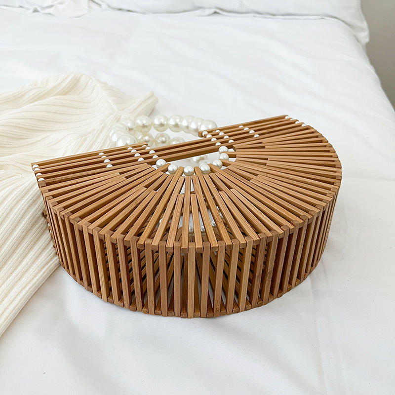 Hand-Woven Bamboo Handle Bag, Beach Vacation Handbag