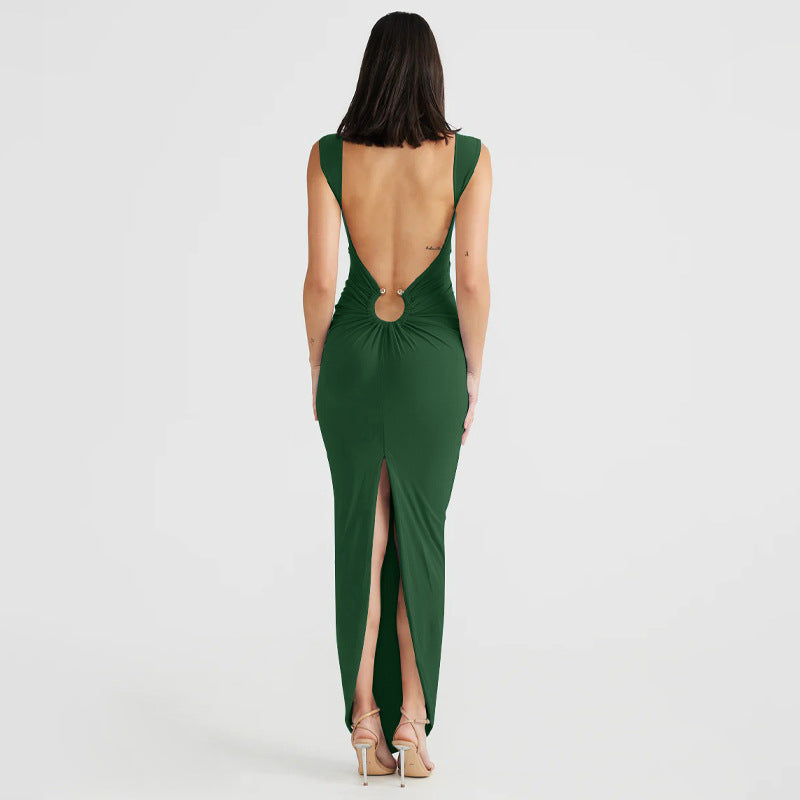 Sexy V Neck Open Back Split Slim Dress