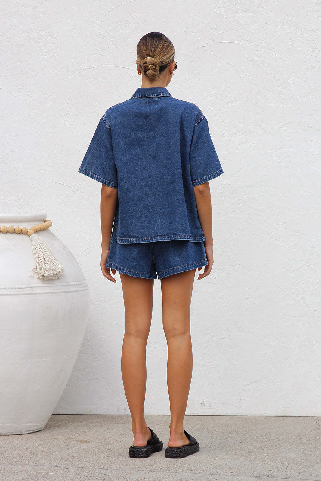 Loose Pocket Short Sleeve Shirt and Denim Two-Piece Set