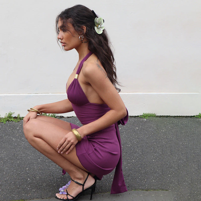 V-neck Halter Backless Lace up Vest Belt Buckle Bevel Two-Piece Overskirt Suit