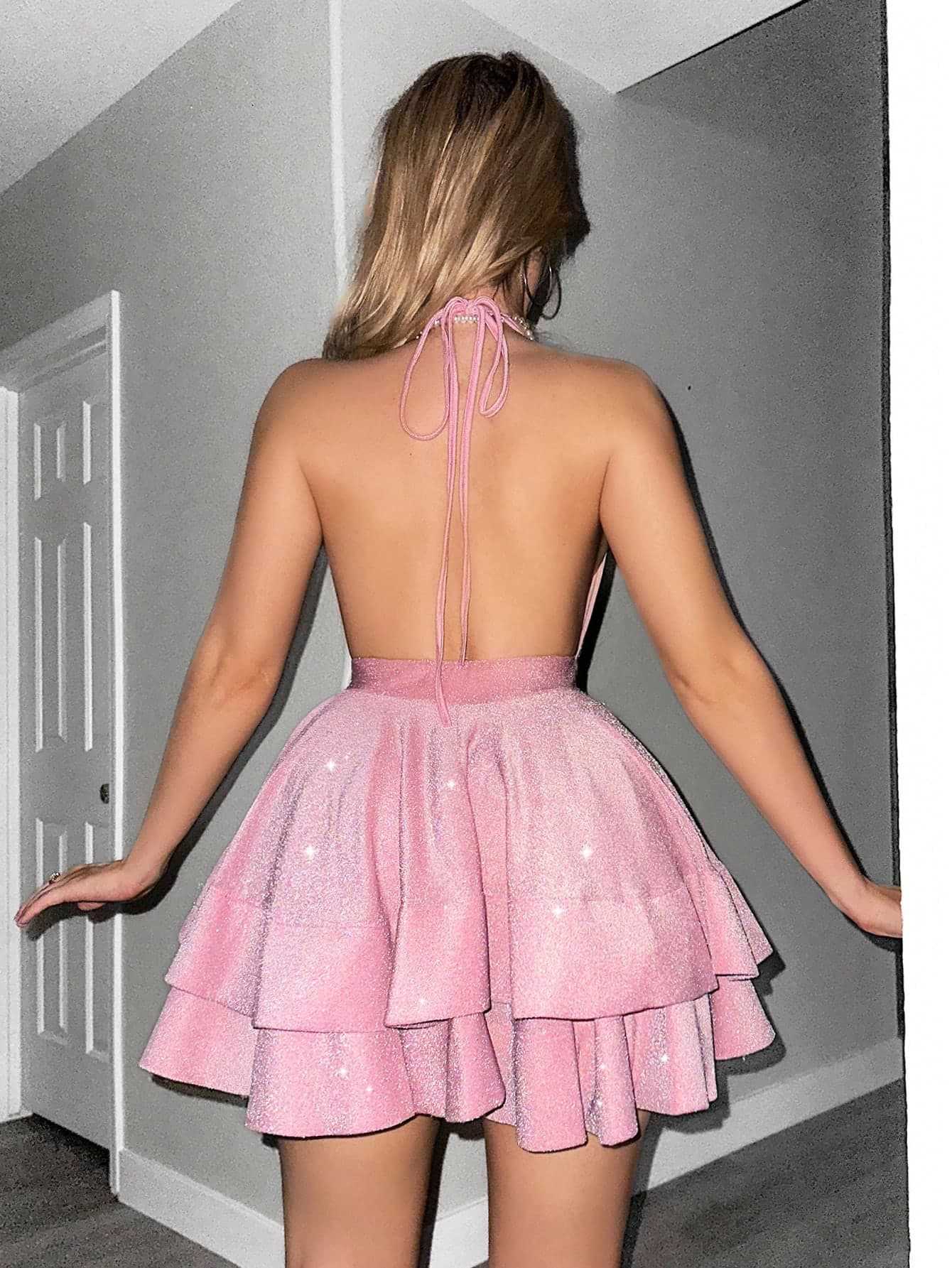 Shimmering Fabric Slim Fit Bright Pink Deep V-Neck Ruffle Women's Dress