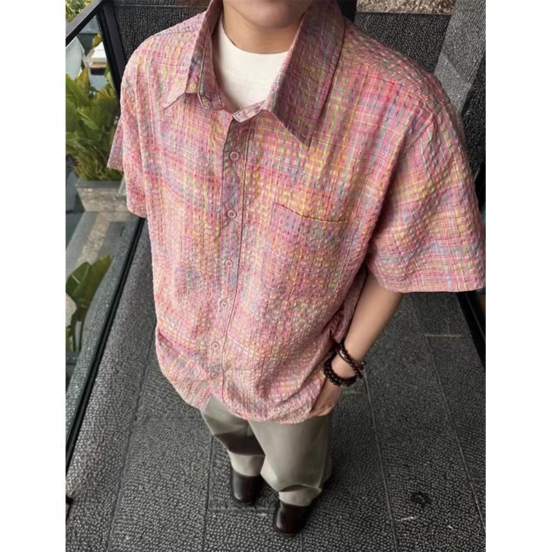 Plaid Bubble Gauze Short Sleeve Shirt for Men