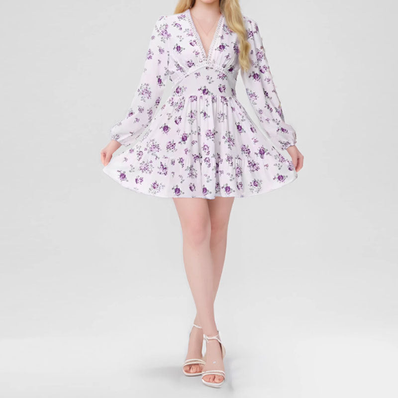 Sweet Printed V-neck Lace Waist Trimming Short Dress
