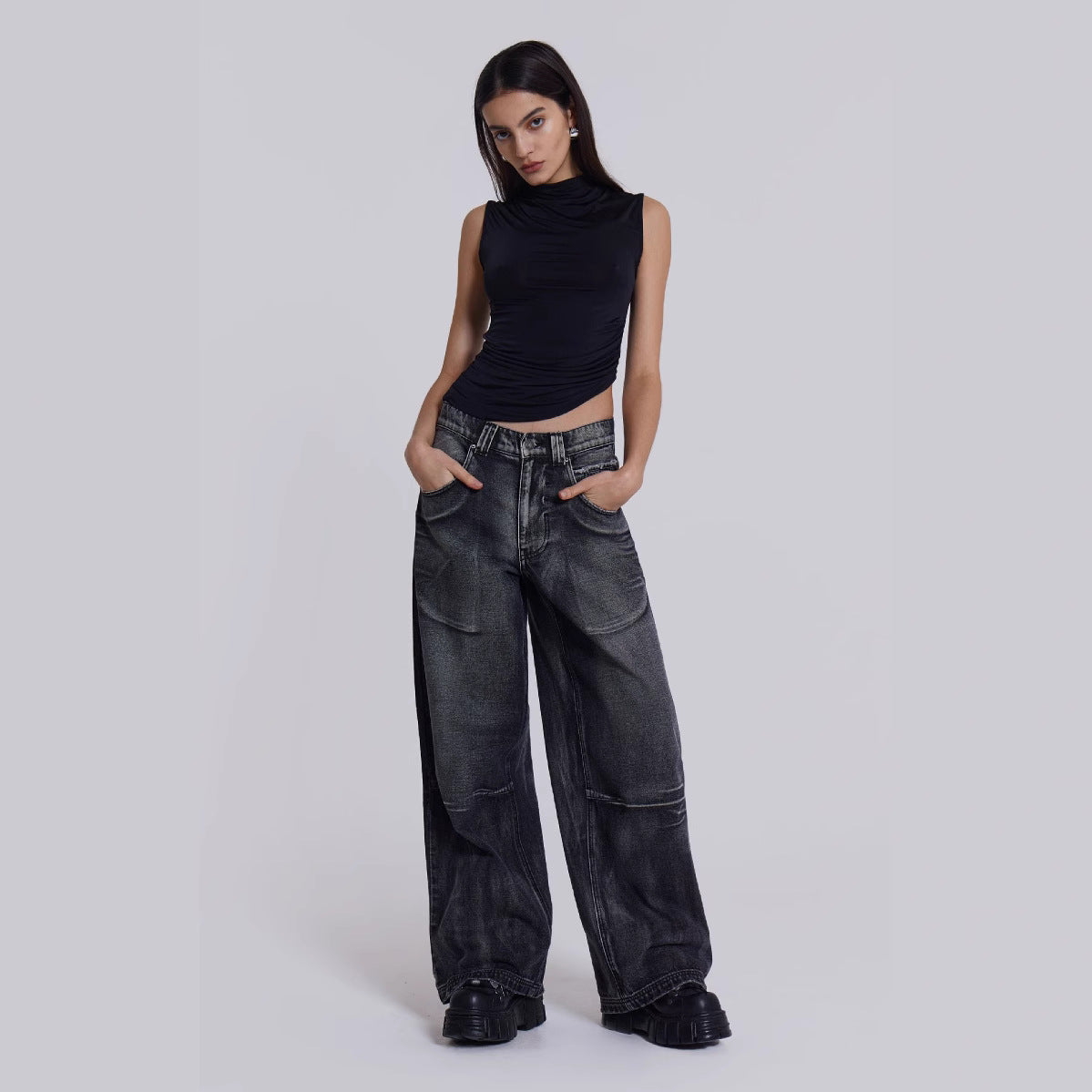 Washed Vintage Gradient Wing Print Retro Wide-Leg Jeans