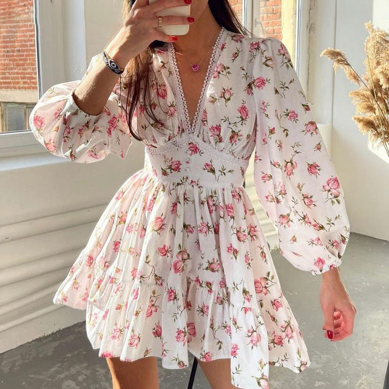 Sweet Printed V-neck Lace Waist Trimming Short Dress