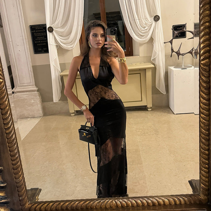 V-neck Halter Backless Lace Patchwork Long Dress Evening Gown