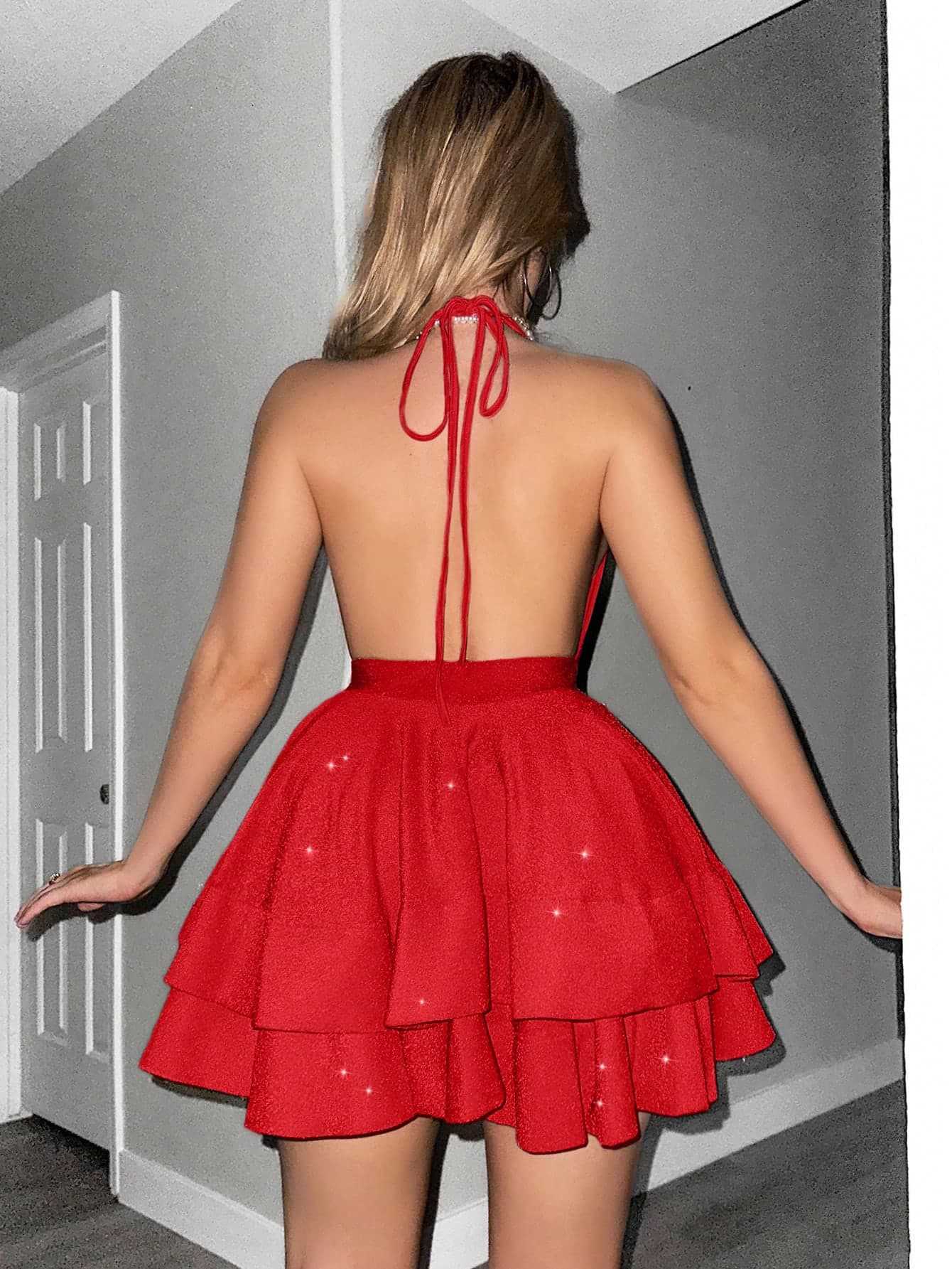 Shimmering Fabric Slim Fit Bright Pink Deep V-Neck Ruffle Women's Dress