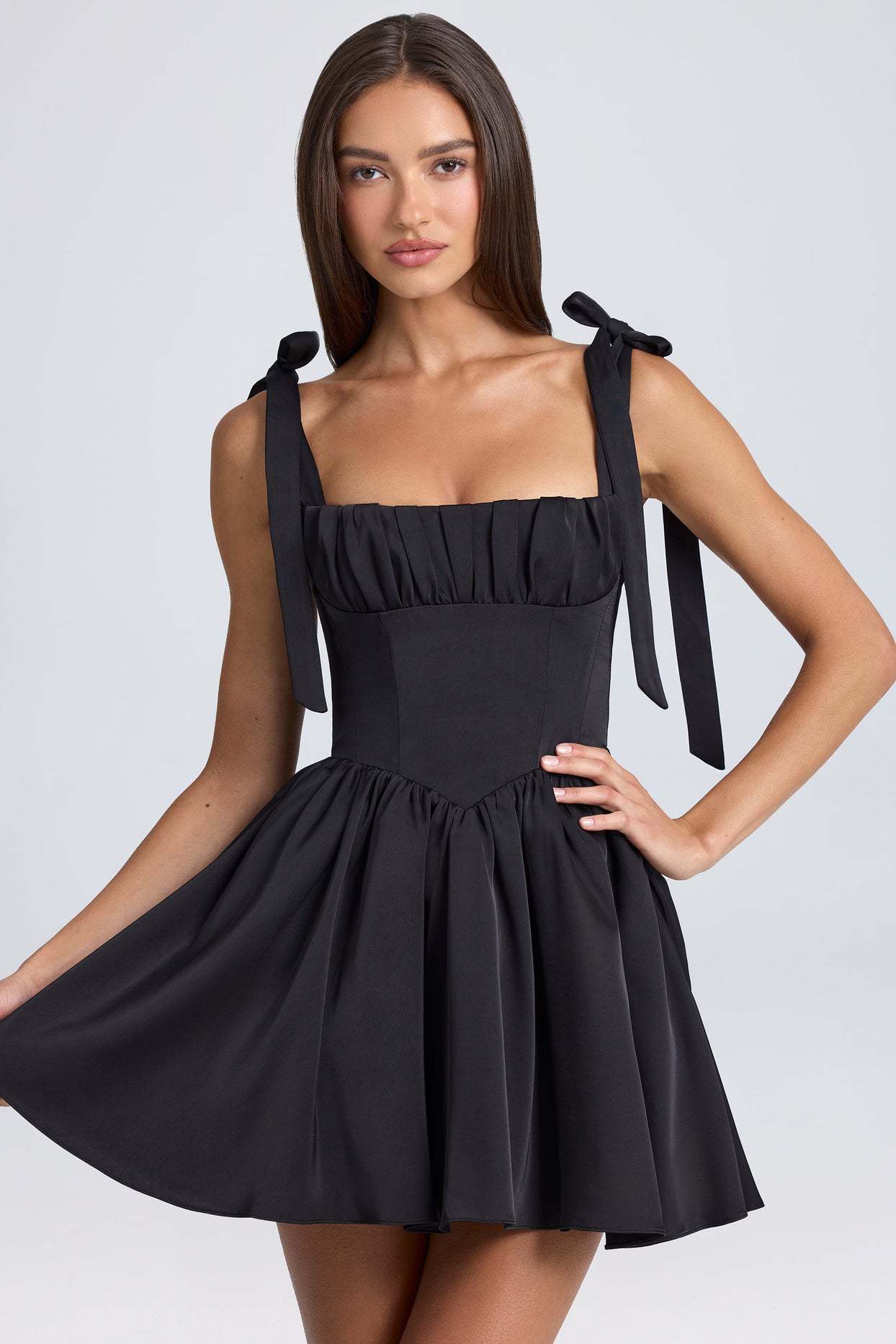 Square Neck High Waist Pleated Patchwork Tie Strap Puff Dress