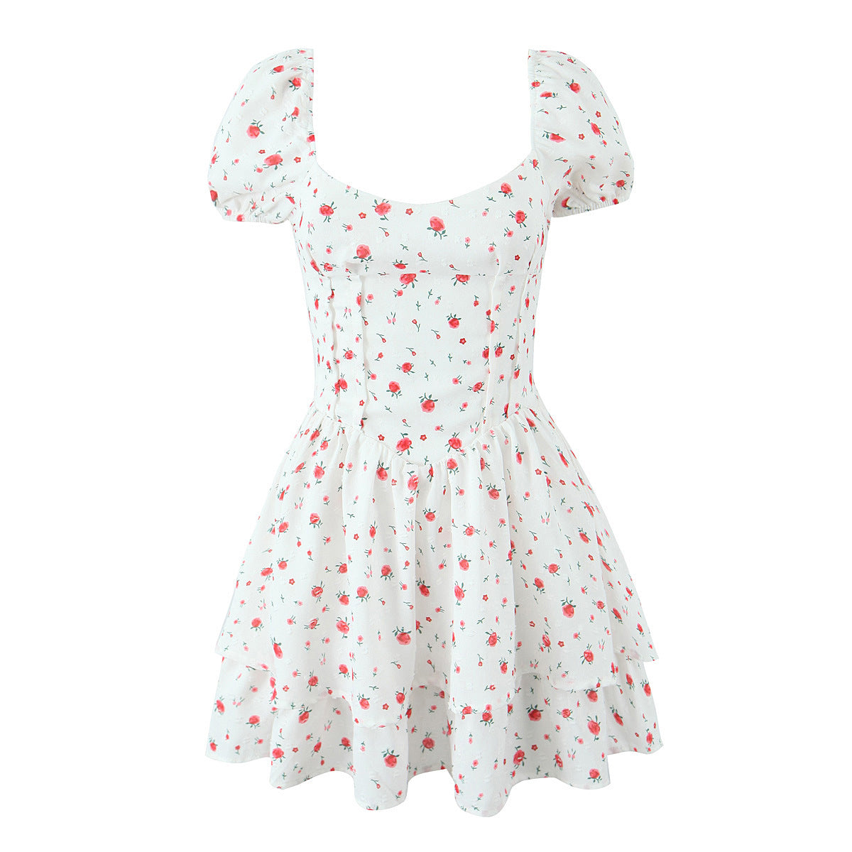 Strap Waist Slimming Layered Cake Puff Sleeve Dress