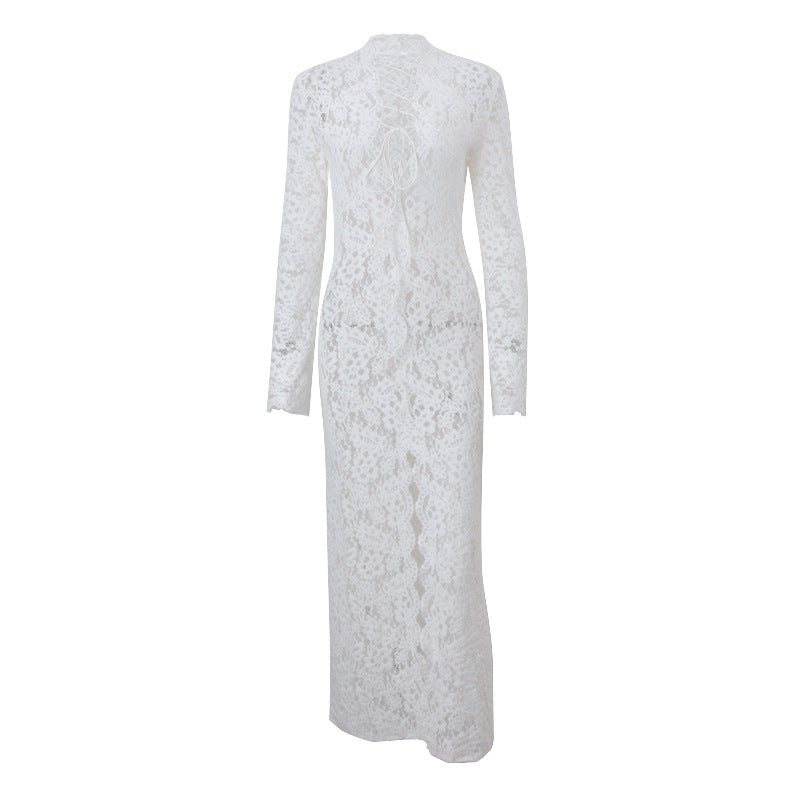 Strappy Lace Dress with Slit and Long Sleeves
