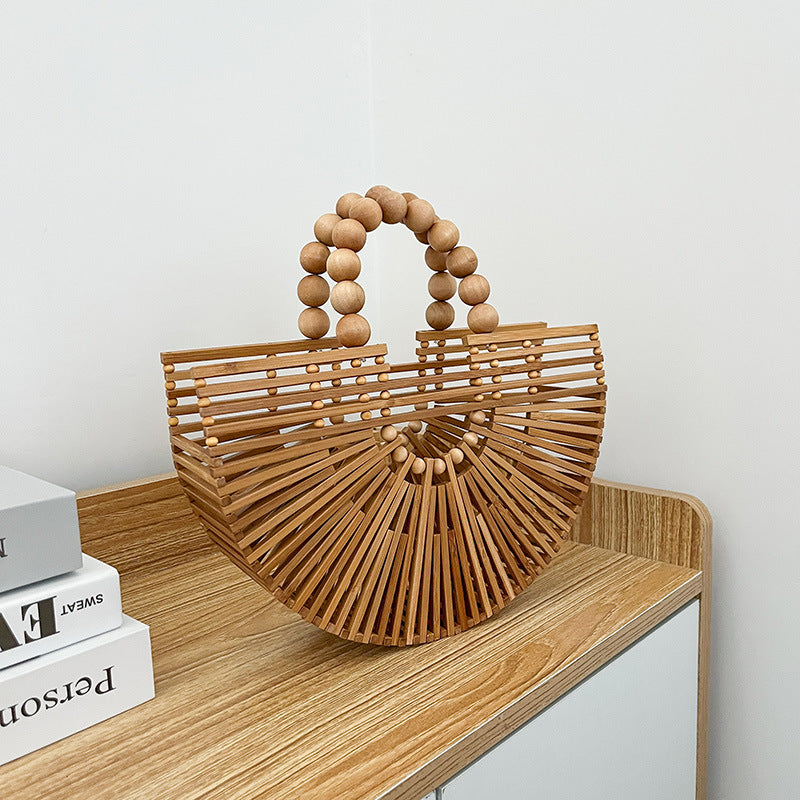 Hand-Woven Bamboo Handle Bag, Beach Vacation Handbag