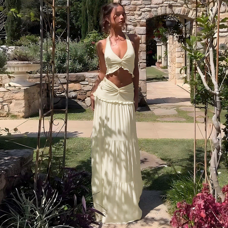 Sexy V-neck Wooden Ear Halter Spaghetti Straps Twisted Dress Two-Piece Set