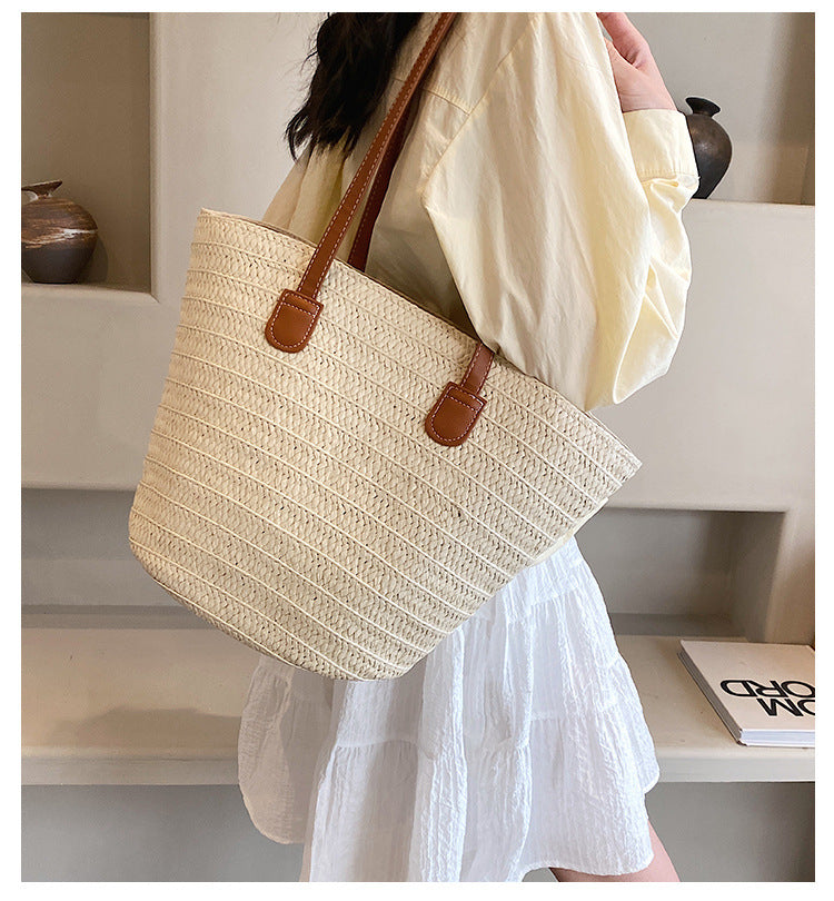 All-Match Simple Shoulder Straw Bag New Large Capacity Woven Bag Tote Bag Women's Seaside Vacation Beach Bag