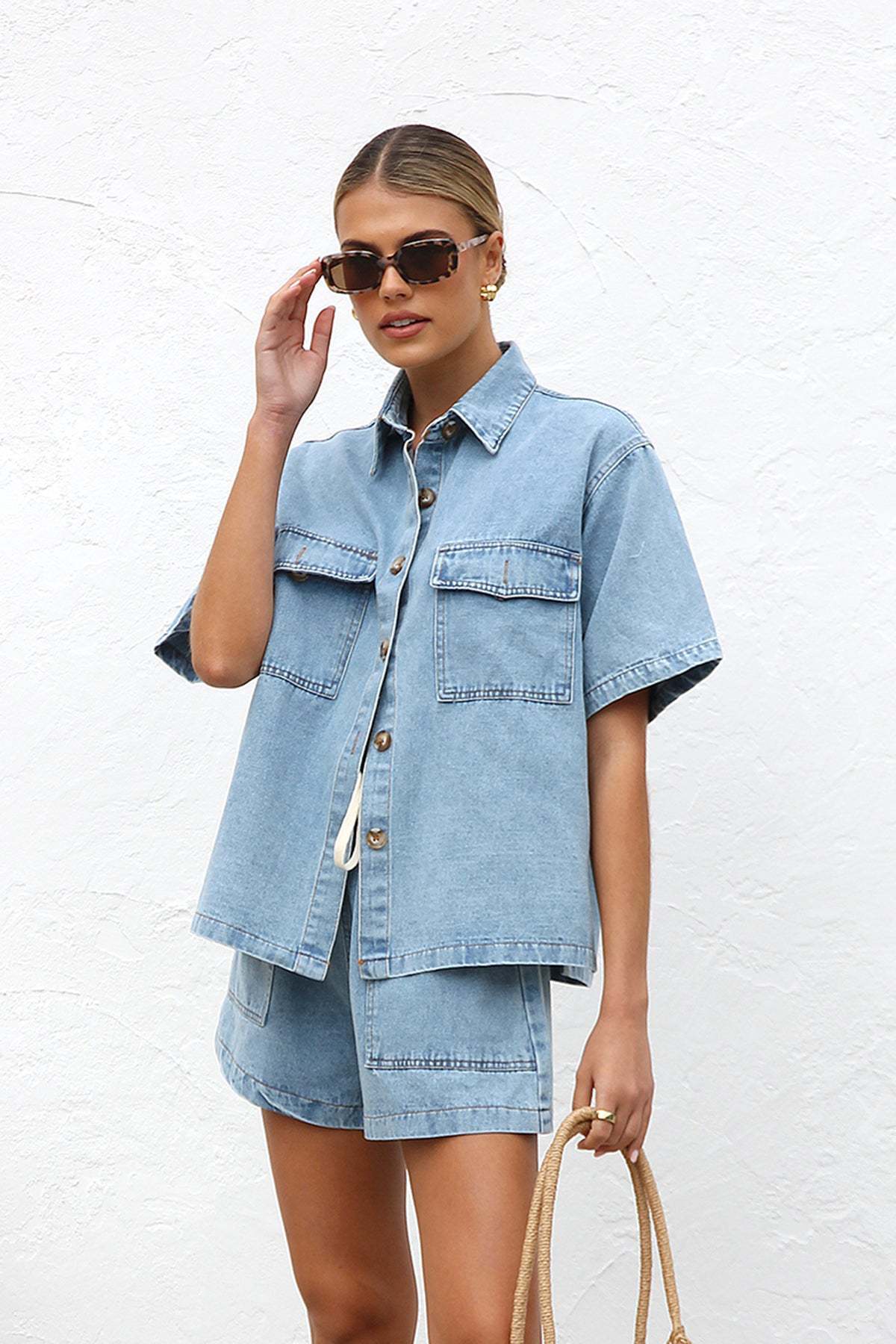 Loose Pocket Short Sleeve Shirt and Denim Two-Piece Set