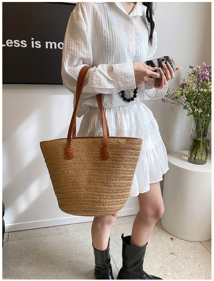 All-Match Simple Shoulder Straw Bag New Large Capacity Woven Bag Tote Bag Women's Seaside Vacation Beach Bag