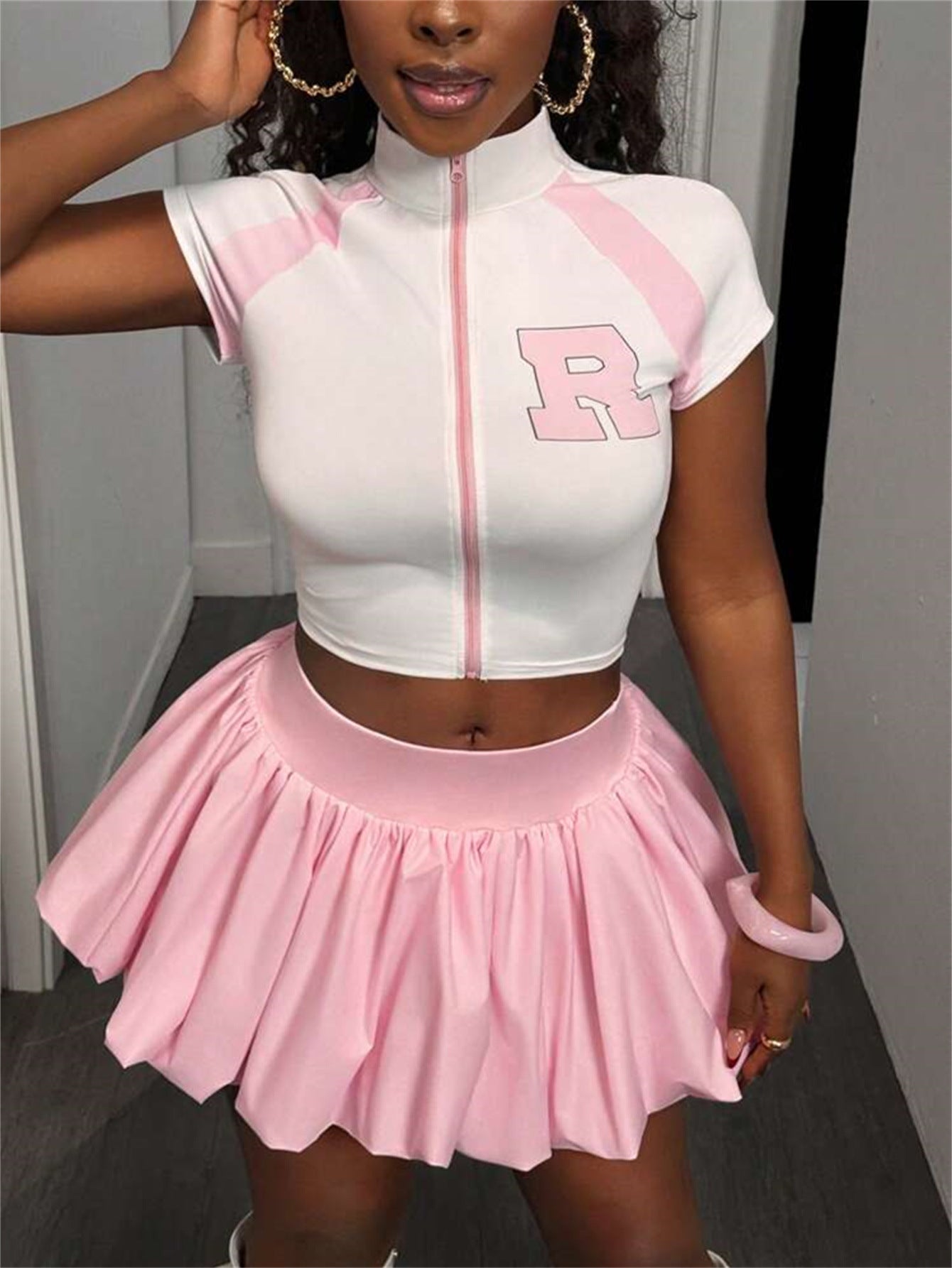 Sweet Style Printed Top with Pleated Puffy Skirt Set