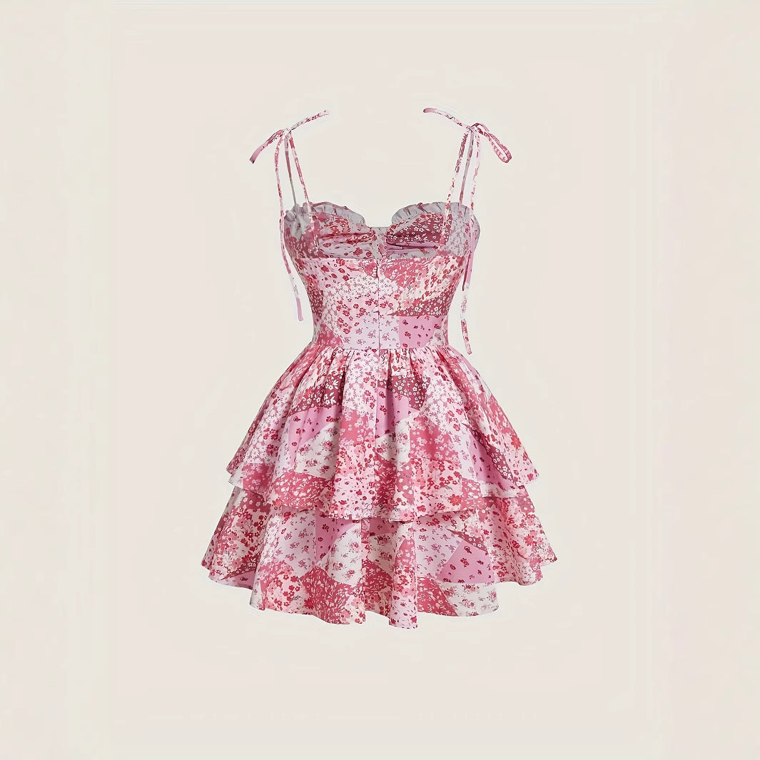 Floral Suspender Layered Dress Vintage Pink Double Hem Dress