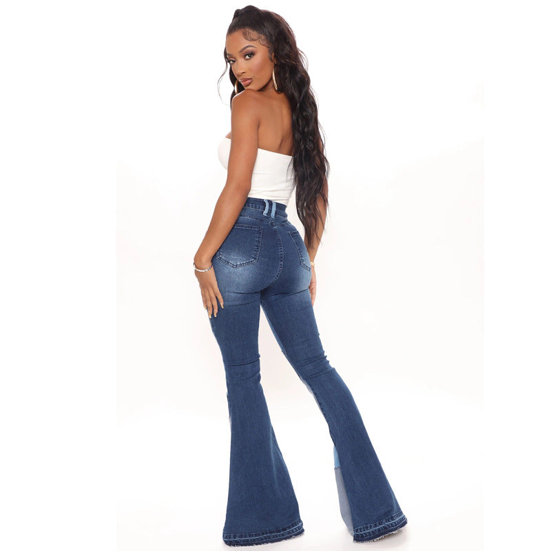 Stretchy Wide-Leg Patchwork Jeans