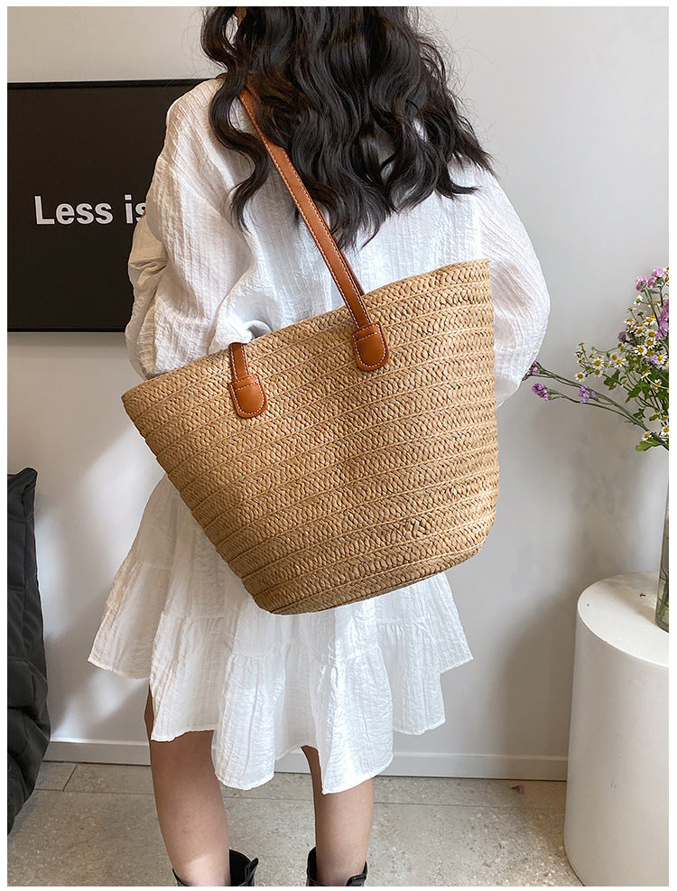 All-Match Simple Shoulder Straw Bag New Large Capacity Woven Bag Tote Bag Women's Seaside Vacation Beach Bag