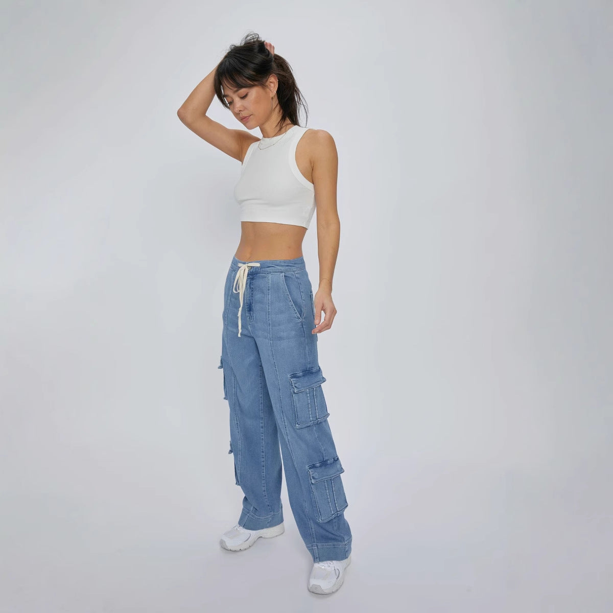 Street Style Washed Cargo Pants for Women with Multiple Pockets, Wide Legs, and Drawstring Jeans