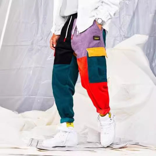 Corduroy Patchwork Color Block Jeans Casual Cargo Pants
