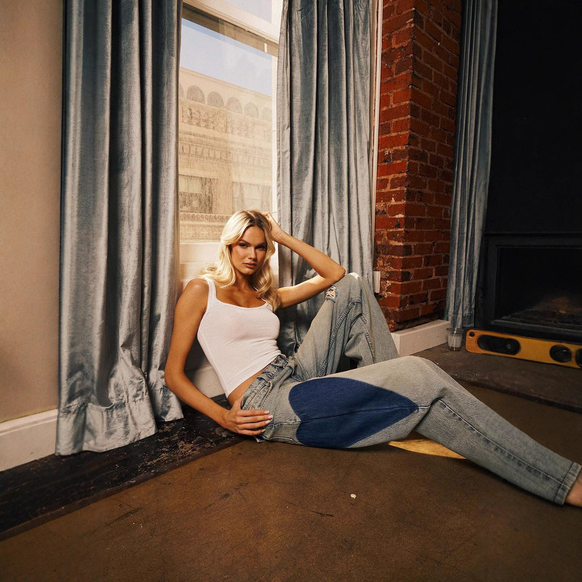 Side Seam Low Waist Heart Washed Vintage Straight Leg Patchwork Jeans