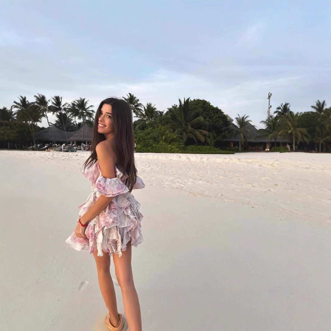 Off-Shoulder Layered Ruffle Waist-Cinching Dress