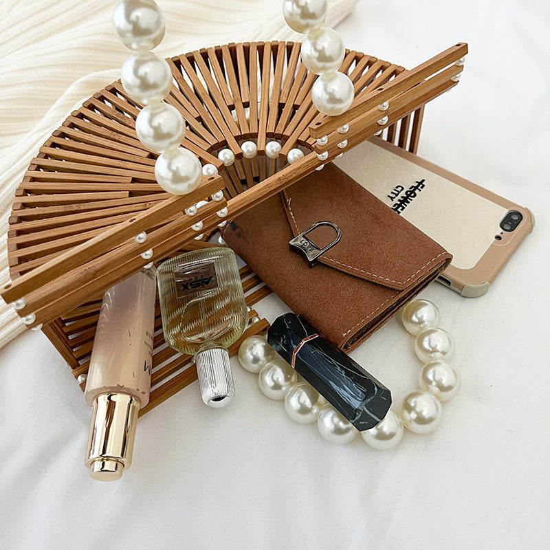 Hand-Woven Bamboo Handle Bag, Beach Vacation Handbag
