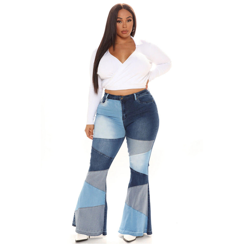Stretchy Wide-Leg Patchwork Jeans