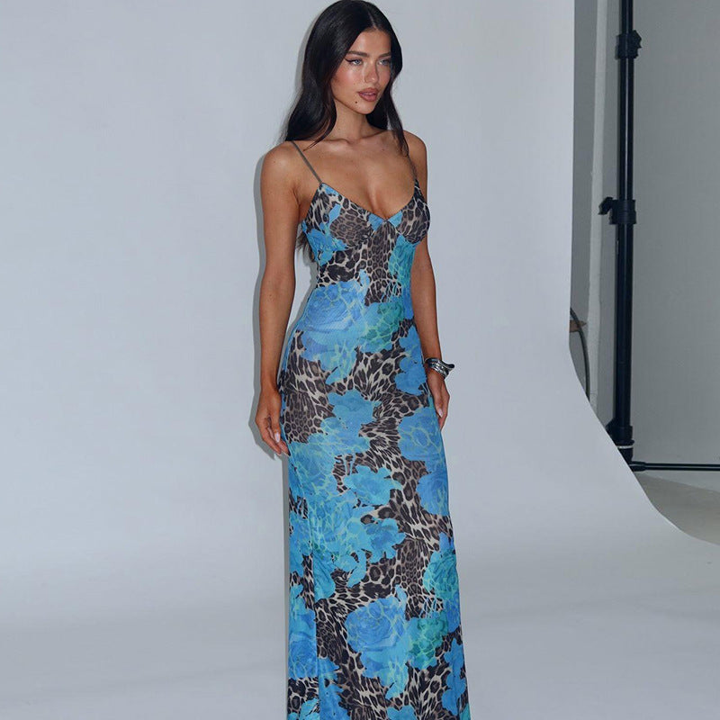 Long Dress Street Style Elegant Slim Fit Printed Design Sense Strap Dress