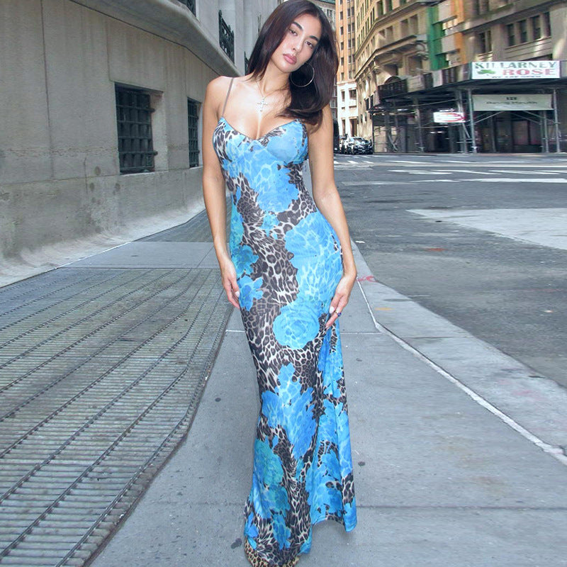 Long Dress Street Style Elegant Slim Fit Printed Design Sense Strap Dress