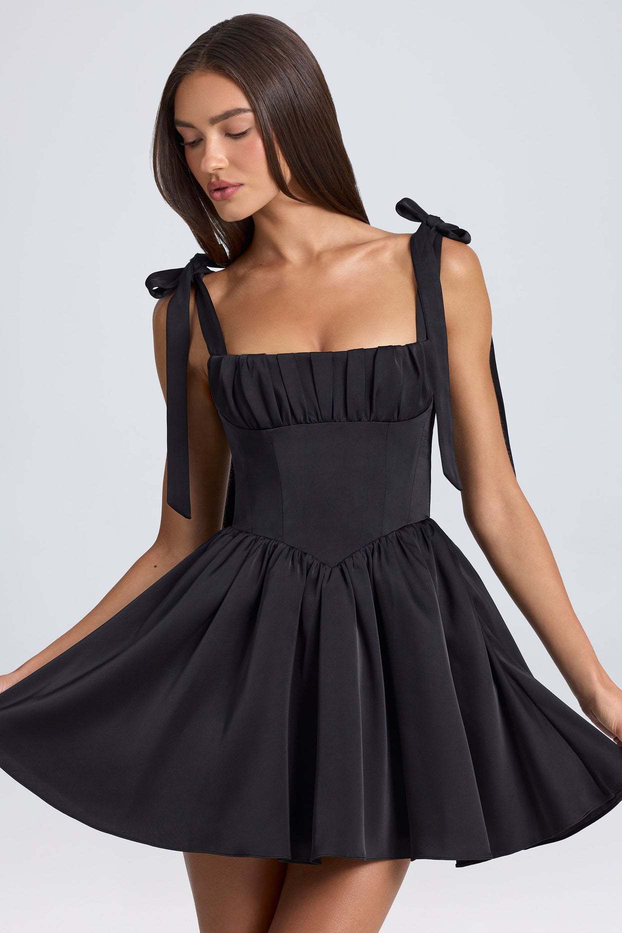 Square Neck High Waist Pleated Patchwork Tie Strap Puff Dress