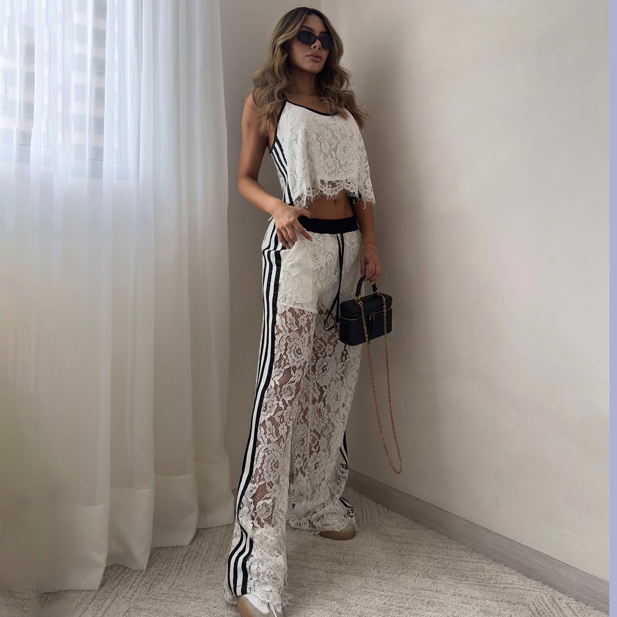 Irregular Striped Color-Block Lace Two-Piece Set