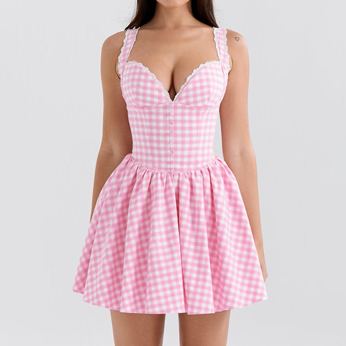 Sweet and Spicy Style Plaid Waist-Cinching Backless Strap Dress