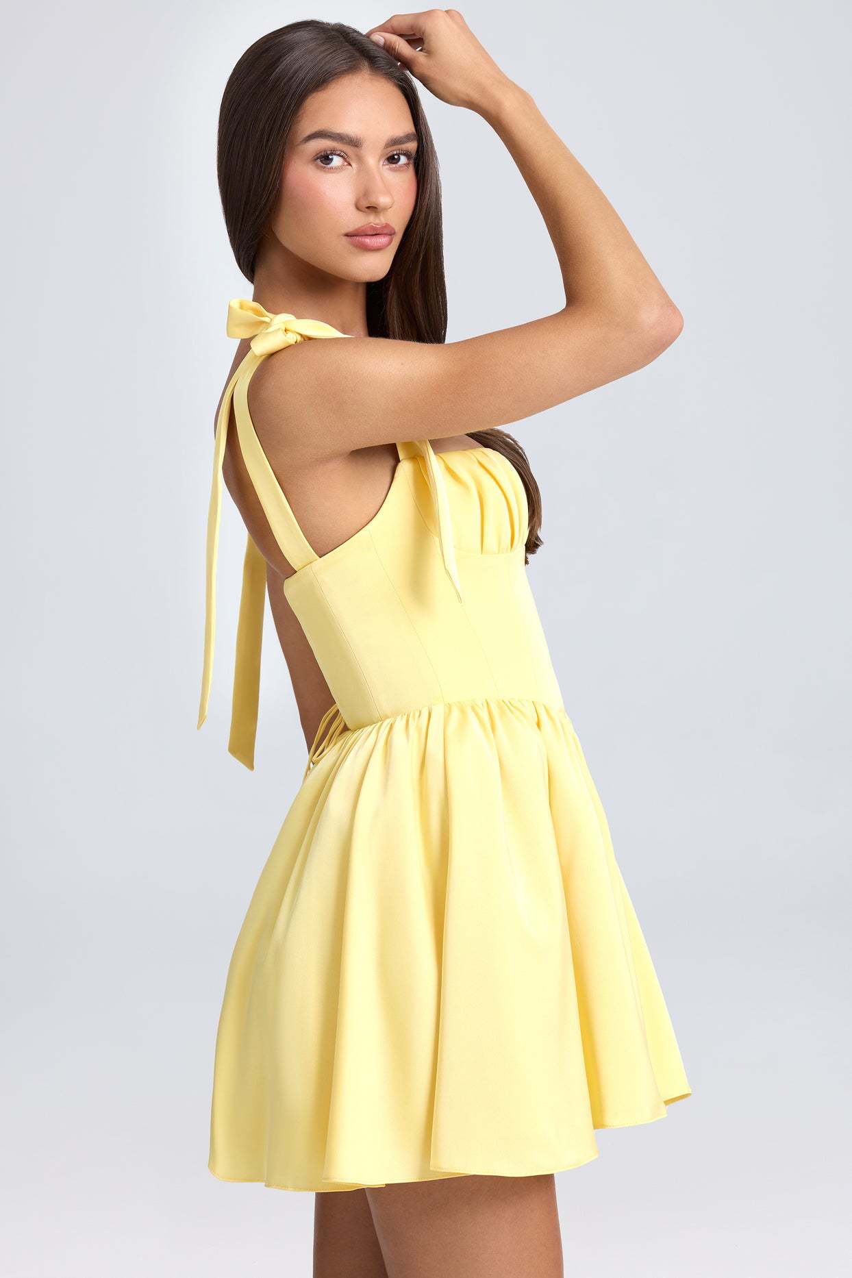 Square Neck High Waist Pleated Patchwork Tie Strap Puff Dress