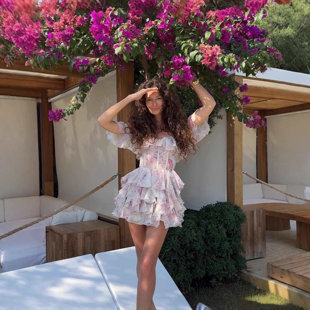 Off-Shoulder Layered Ruffle Waist-Cinching Dress
