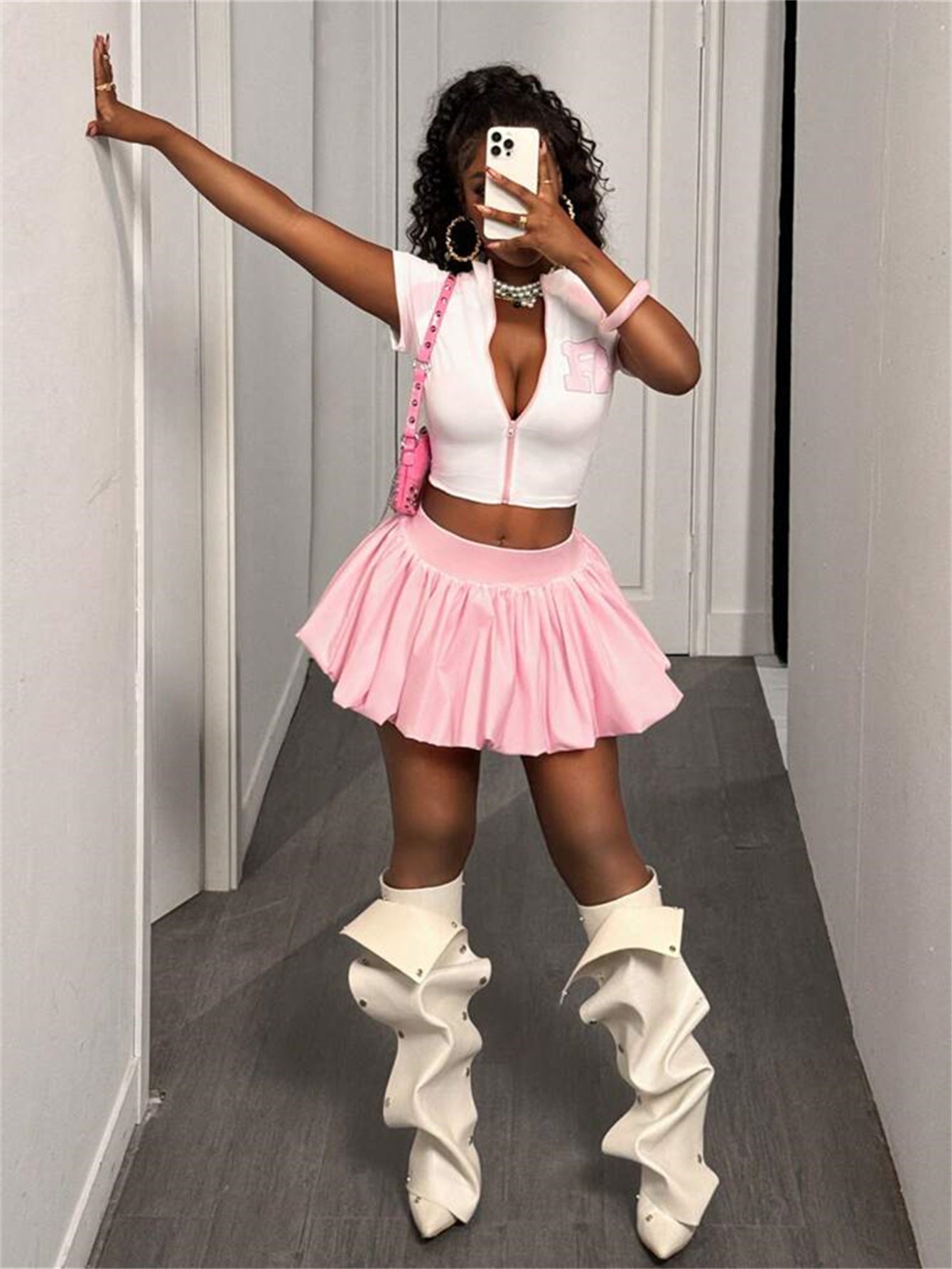 Sweet Style Printed Top with Pleated Puffy Skirt Set