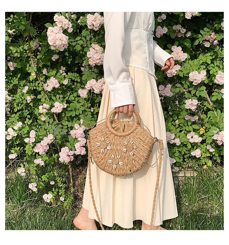 Vacation Style Drawstring Straw Bag Shell Bag Single Shoulder Crossbody Bag