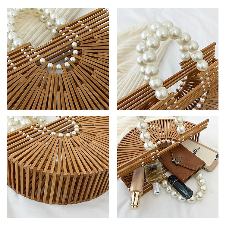 Hand-Woven Bamboo Handle Bag, Beach Vacation Handbag