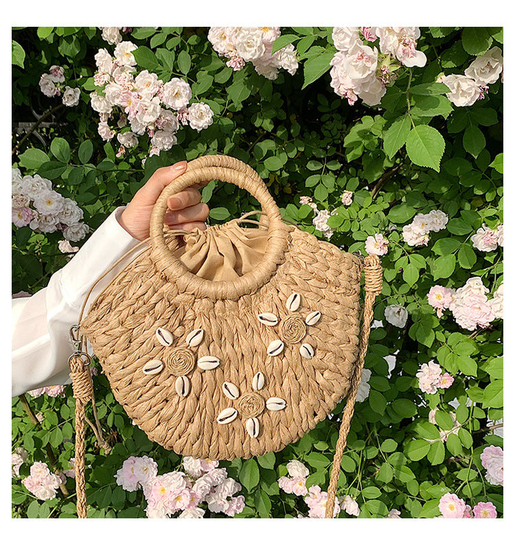 Vacation Style Drawstring Straw Bag Shell Bag Single Shoulder Crossbody Bag